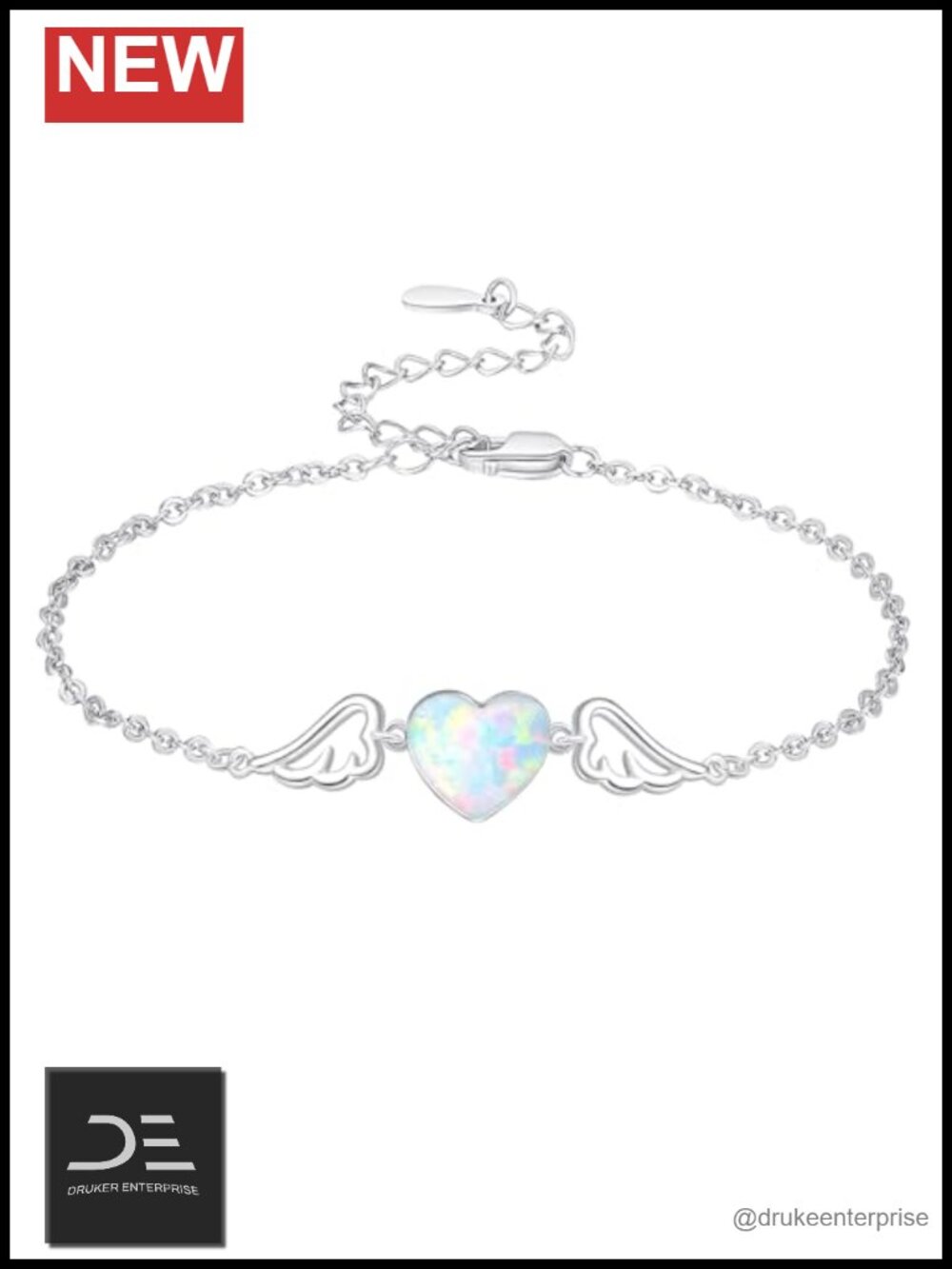 Sterling Silver Opal Heart Angel Wing Link Bracelet